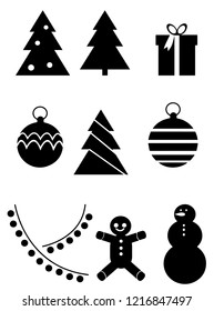 Christmas set: gingerbread, Christmas tree with balls, Christmas tree in the garlands, balls on the Christmas tree, snowman, gift box in the bow. icons