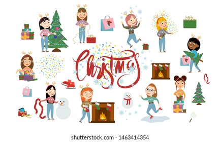 Christmas set. Girls with deer horns celebrate the new year, decorate the Christmas tree, unwrap gifts and have winter fun. Vector illustration of kids