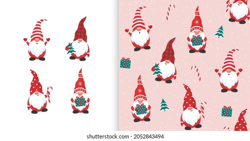 Christmas set of gnomes isolated on white background and seamless pattern with gnome, Christmas tree, gifts and snowflakes. Little Santa Claus characters. Vector fairytale wallpaper for decoration.  