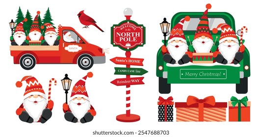 A Christmas set with Gnomes, Christmas trees, cars, a road sign, a house. Funny Gnomes in caps with beards are riding in Santa's car. Illustrated vector clipart.