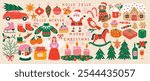 Christmas set of graphic elements, hand drawn style - cute objects, Santa Claus, Christmas tree, gift boxes, baubles and other elements. Vector illustration.