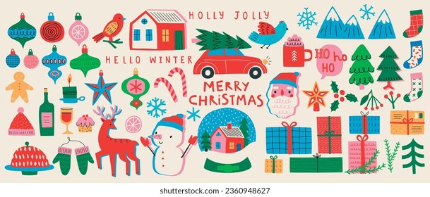 Christmas set of graphic elements, hand drawn style - cute objects, snowmen, Santa Claus and other elements. Vector illustration.