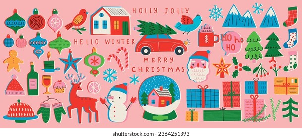 Conjunto navideño de elementos gráficos, estilo dibujado a mano - objetos lindos, hombres de nieve, Santa Claus y otros elementos. Ilustración vectorial.