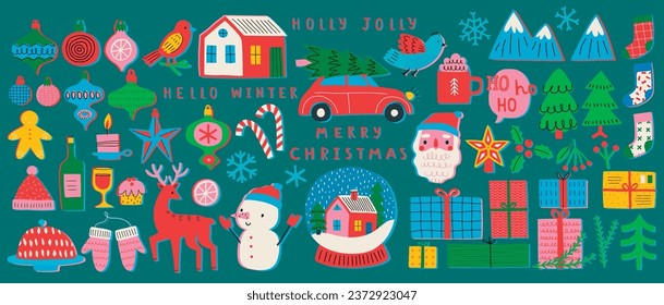 Christmas set of graphic elements, hand drawn style - cute objects, snowmen, Santa Claus and other elements. Vector illustration.