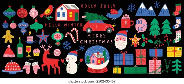 Christmas set of graphic elements, hand drawn style - cute objects, snowmen, Santa Claus and other elements. Vector illustration.