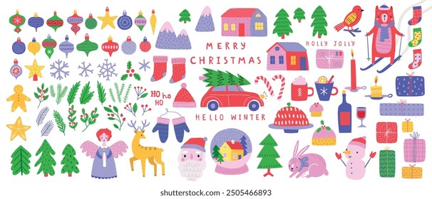 Christmas set of graphic elements, hand drawn style - cute objects, snowmen, Santa Claus and other elements. Vector illustration.