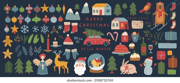 Conjunto de Navidades de Elementos gráficos, estilo dibujado a mano - objetos lindos, muñecos de nieve, Santa Claus y otros Elementos. Ilustración vectorial.