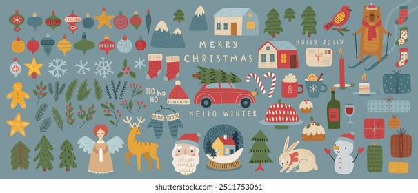 Christmas set of graphic elements, hand drawn style - cute objects, snowmen, Santa Claus and other elements. Vector illustration.
