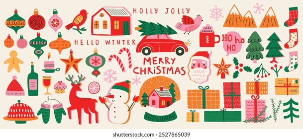 Christmas set of graphic elements, hand drawn style - cute objects, snowmen, Santa Claus and other elements. Vector illustration.