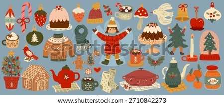 Christmas set of graphic elements, hand drawn style - cute objects, Santa Claus, Christmas tree, gift boxes, baubles and other elements. Vector illustration.
