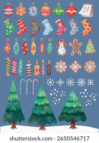 A Christmas set of graphic elements, hand-drawn style - cute objects, Christmas tree, gingerbread, candies, candles, snowflakes, and other elements. Vector illustration, part 2