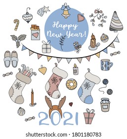 Weihnachtsbesteck mit Weihnachtsstern und Kerzen, Misteldraht und Weihnachtsbälle, Spielzeug, Süßigkeiten, Geschenke und Socken. Vektorgrafik
