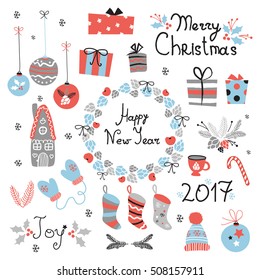 Christmas set  graphic elements with wreath, cake, gingerbread house, mittens, toys, gifts and socks. Template for Greeting Scrapbooking, Congratulations, Invitations.