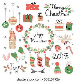 Christmas set  graphic elements with wreath, cake, gingerbread house, mittens, toys, gifts and socks. Template for Greeting Scrapbooking, Congratulations, Invitations.