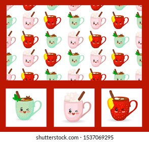 Christmas set. Greeting cards and pattern. Clipart cups. Cute cartoon characters