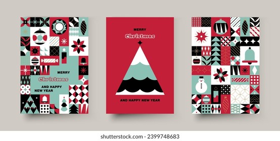 Christmas set of greeting cards, posters, holiday covers. Geometric Christmas design with stylized Christmas tree made of geometric shapes and New Year text logo in red, green, black colors.