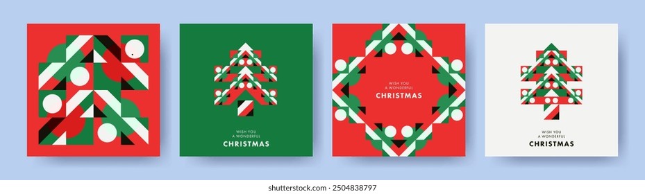 Christmas Set of greeting cards, posters, holiday covers. Geometric Xmas design with stylized Christmas Tree made of geometric shapes and Christmas pattern in red, green, white colors.