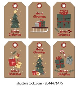 Christmas set of greeting cards with presents, gift box, fir, christmas tree and text Merry Christmas, Vector set of christmas labels