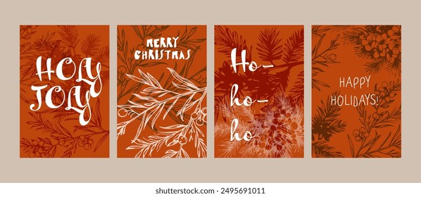 Christmas set of greeting cards with xmas tree branch motifs  and lettering text inscriptions. Traditional classic winter holidays design. Hand drawn botanical patterns, abstract textures, background 