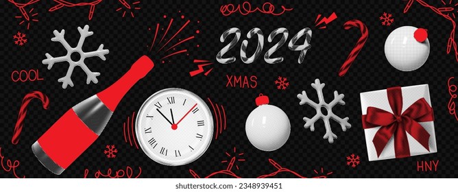 Christmas set of halftone items. Halftone snowflakes, balls, candy canes, wall clock, gift box, bottle. Trendy vector illustration in collage style for Christmas or New Year events with doodles.