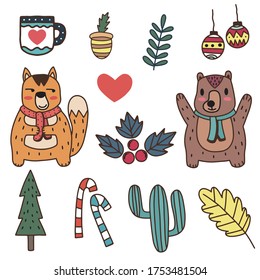 Christmas set, Hand Draw Style, Bear with Squirrel. cartoon vector illustration