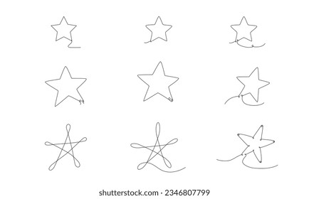 El dibujo manual de Navidad continúa con una sola línea de estrellas. Ilustración de material vectorial aislada en fondo blanco para invitación de plantilla, tarjeta, presentación, marco o borde. Trazo editable