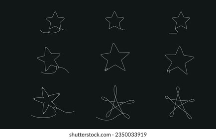 Christmas set hand drawing continues one single line stars. Vector stock illustration isolated on black background for template invitation, card, presentation, frame or border. Editable stroke