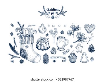 Christmas set, hand drawing sketch illustration. Vector Collection of sketch object.