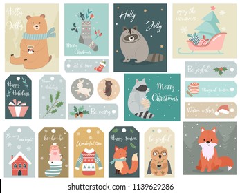 Christmas set, hand drawn animals and holiday elements. Season greetings, tags, cards