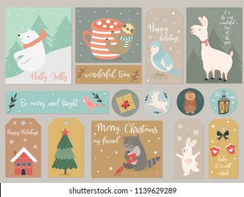 Christmas set, hand drawn animals and holiday elements. Season greetings, tags, cards