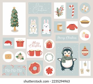 Christmas set, hand drawn animals and holiday elements. Season greetings, tags, cards. Vector illustration