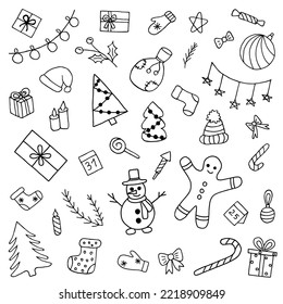 christmas set hand drawn black outline