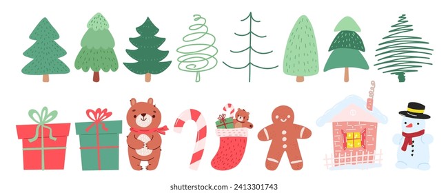 Christmas set. Hand drawn Cartoon gift, bear, gingerbread man, house, santa sock, snowman, caramel cane, tree. New Year's decorative elements. Stock vector illustration isolated on a white background.