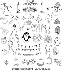 las navidades dibujaron el doodle a mano. vector, minimalismo. colección de invierno, velas, decoración, muñeco de nieve, bebida caliente, ropa, pegatina, ícono.