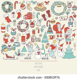 Christmas set of hand drawn doodles in simple graphic style. Vector colorful illustration with christmas accessories as christmas tree, decoration, santa and more in blue, red, yellow colors on beige