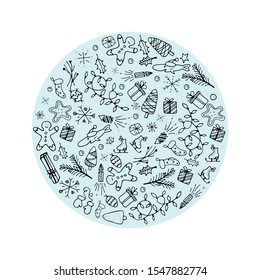 Christmas set of hand drawn elements, decorated in a round frame. Snowflakes, fir branches, gift boxes, cones and salute. Stock vector Illustration vector. Line art, doodle stile hand drawn vector