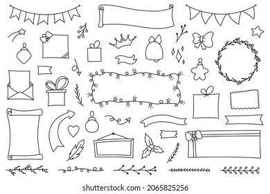 Christmas set hand drawn elements for diary, notebook and planner in doodle style. Vector calendar for study and work. Collection of decorations frames and stickers from lines. Cute background design