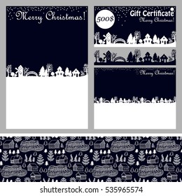 Christmas set with hand drawn elements. Post card, poster, gift voucher and seamless pattern with vintage landscape, winter forest and log cabins. Blue.