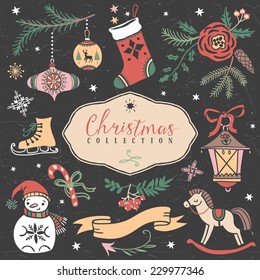 Christmas set of hand drawn festive illustrations. Design elements.