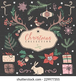 Christmas set of hand drawn festive illustrations. Design elements.