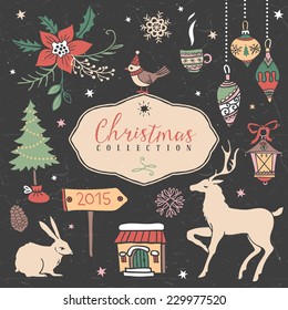 Christmas set of hand drawn festive illustrations. Design elements.