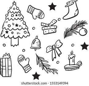 Christmas set hand drawn illustrations. Black line art