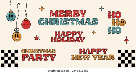 Christmas set hand drawn retro style vintage merry christmas and happy new year happy holiday christmas party