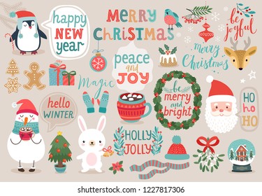 Christmas set, hand drawn style - calligraphy, animals and other elements. Vector illustration.