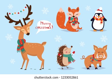 Christmas set, hand drawn style - calligraphy, animals and other elements. Vector illustration.