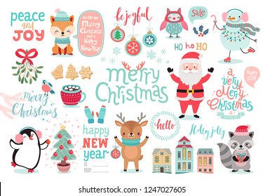 Christmas set, hand drawn style - calligraphy, animals and other elements. Vector illustration.