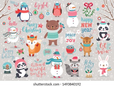 Christmas set, hand drawn style - calligraphy, animals and other elements. Vector illustration.