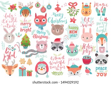 Christmas set, hand drawn style - calligraphy, animals and other elements. Vector illustration.