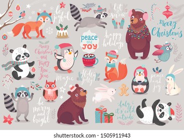 Christmas set, hand drawn style - calligraphy, animals and other elements. Vector illustration.