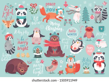 Christmas set, hand drawn style - calligraphy, animals and other elements. Vector illustration.